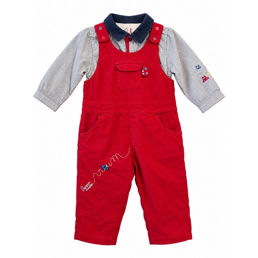 Vintage Marèse Baby Boys 12M Red Overalls Romper Car Embroidered Outfit France